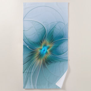 Toalha De Praia Pouca flor Dourado azul moderna do Fractal da