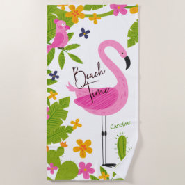 Toalha De Praia Praia Pink Flamingo e Papagaio