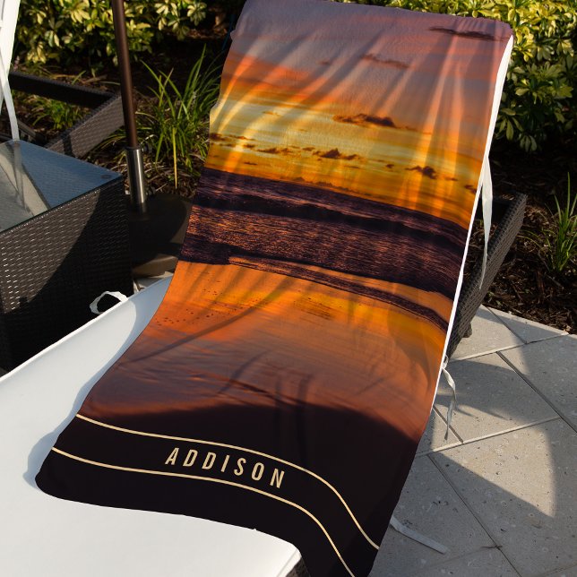 Toalha De Praia Praia Sunset Orange Yellow Tropical Monograma (Criador carregado)