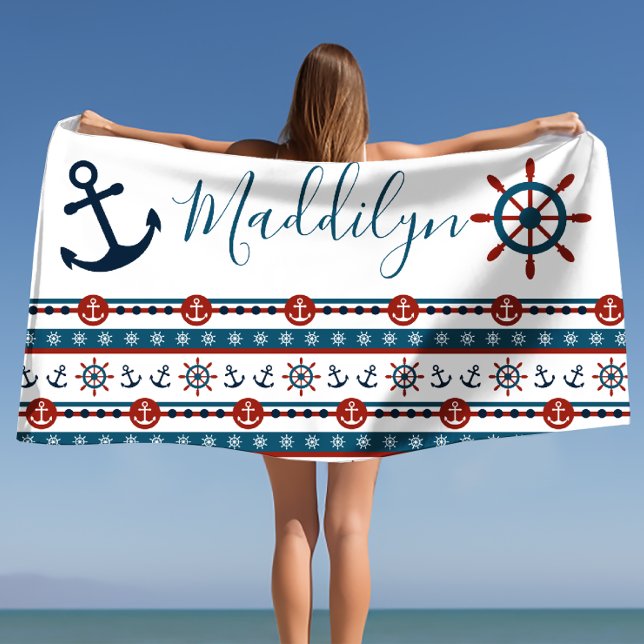 Toalha De Praia Preppy Anchor Personalizado Name Beach Towel (Preppy Anchor Personalized Name Beach Towel)