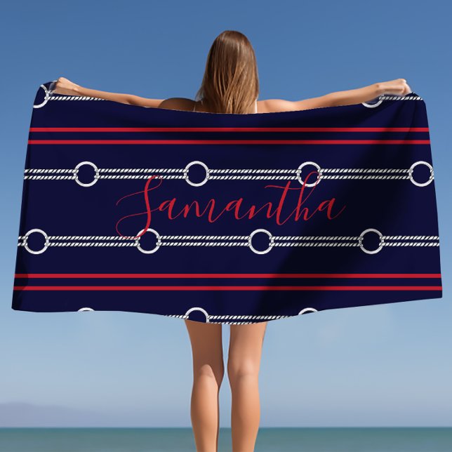 Toalha De Praia Preppy Cute Marinho Personalizado Name Beach Towel (Preppy Cute Navy Personalized Name Beach Towel)