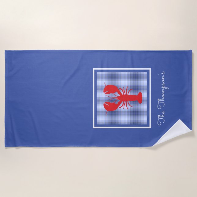 Toalha De Praia Preppy Lobster Blue Gingham Family (Frente)