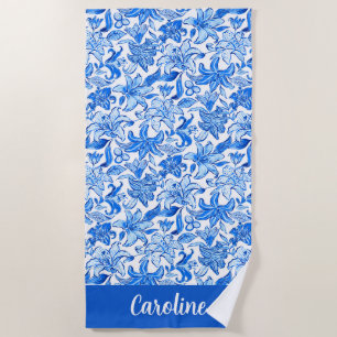 Toalha De Praia Preppy Palm Beach Blue & White Lily Personalizadas
