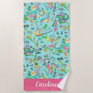 Toalha De Praia Preppy Palm Beach Pink & Blue Bermuda Personalize