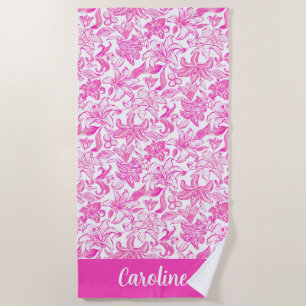 Toalha De Praia Preppy Palm Beach Pink e lírios brancos personaliz