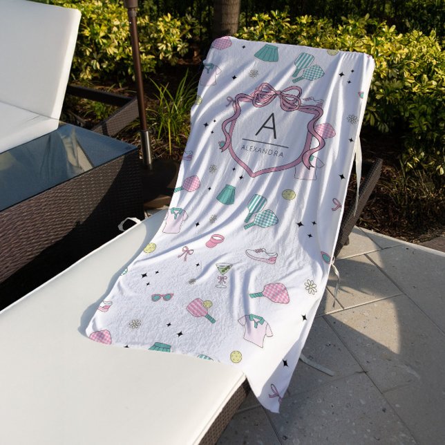 Toalha De Praia Preppy Pink Monogram Pickleball Gift for Her (Criador carregado)