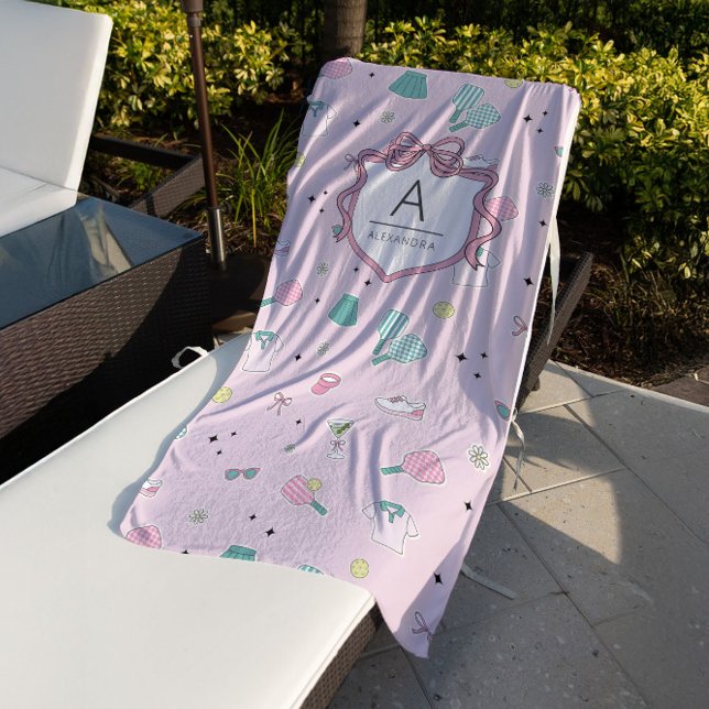 Toalha De Praia Preppy Pink Monogram Pickleball Gift for Her (Criador carregado)