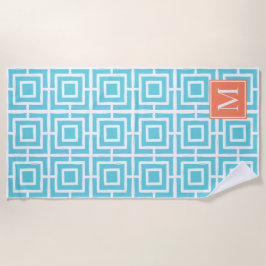Toalha De Praia Preppy Square Lattice Monogram - Coral & Turquoise