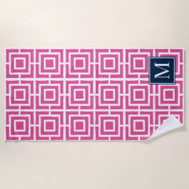 Toalha De Praia Preppy Square Lattice Monogram – Hot Pink & Navy