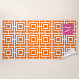Toalha De Praia Preppy Square Lattice Monogram Orange & Hot Pink