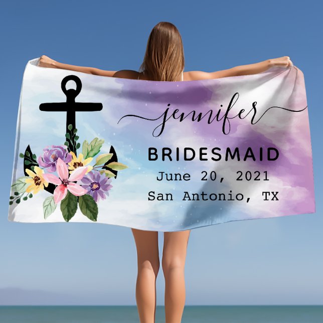 Toalha De Praia Presente de Padrinho de Casamento Festa de Despedi (Floral Anchor Bachelorette Party Bridesmaid Gift Beach Towel)