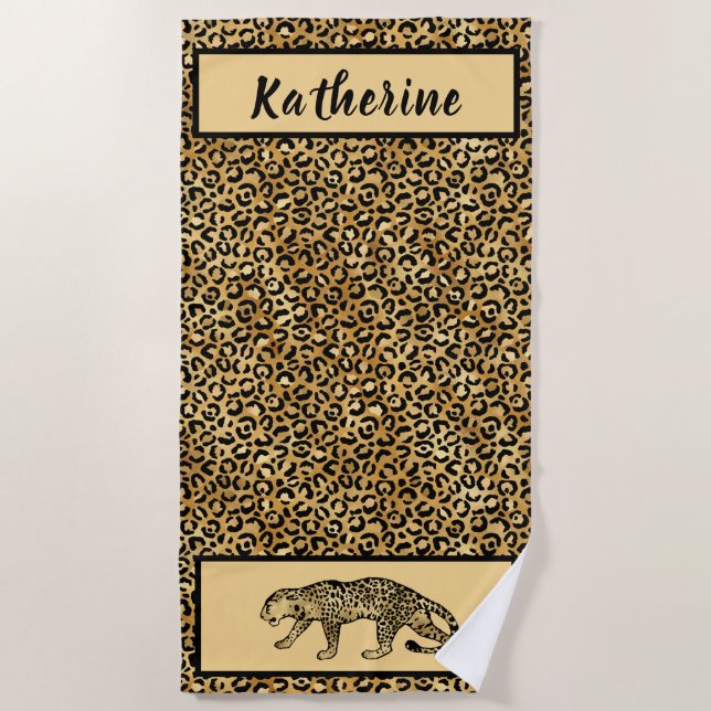 Toalha De Praia Preto Chic Tan Dourado Leopardo Personalizado (Frente)
