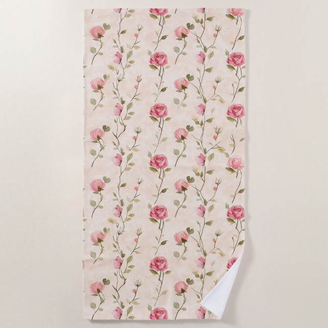 Toalha De Praia Pretty Pink Cream Roses Floral (Frente)
