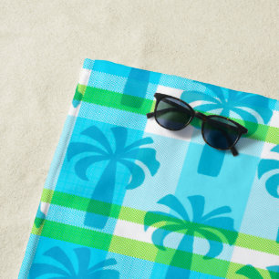 Toalha De Praia Pupule Havaiana Vintage Palm Tree Xadrez Turq