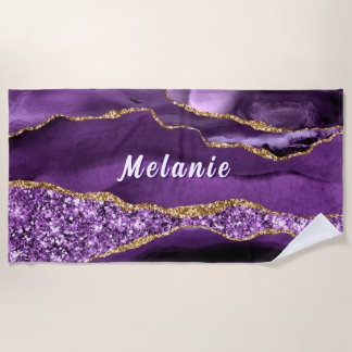 Toalha De Praia Purple Gold Glitter Beach Towel Personalized Name