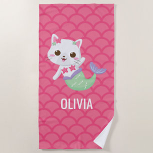 Toalha De Praia Purrmaid sereia gatinho escamas rosa personalizado