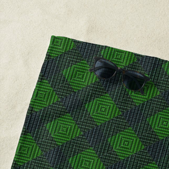 Toalha De Praia Quadrados inclinados verdes e pretos ou xadrez (In Situ)