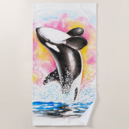 Toalha De Praia Quebra Orca Baleia Arco-Íris Aquarela