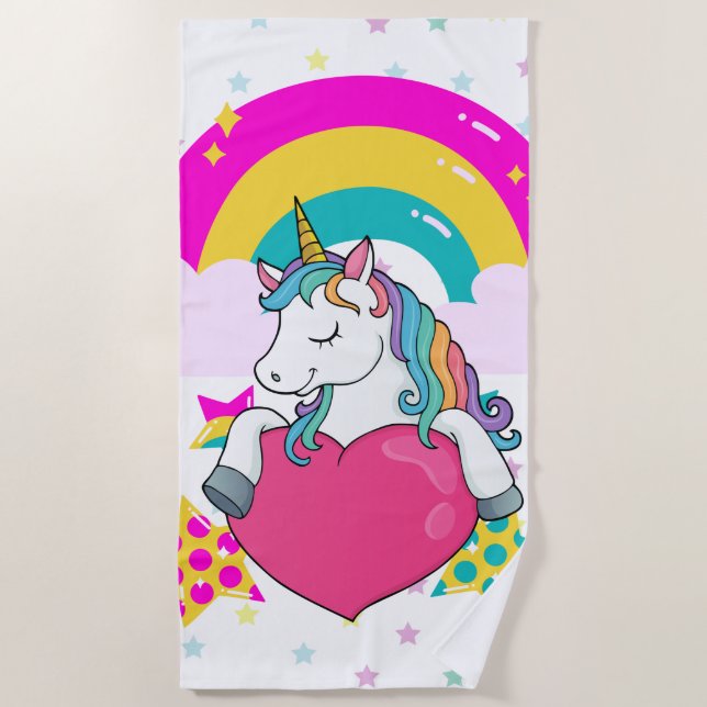 Toalha De Praia Rainbow Unicorn com estrelas (Frente)