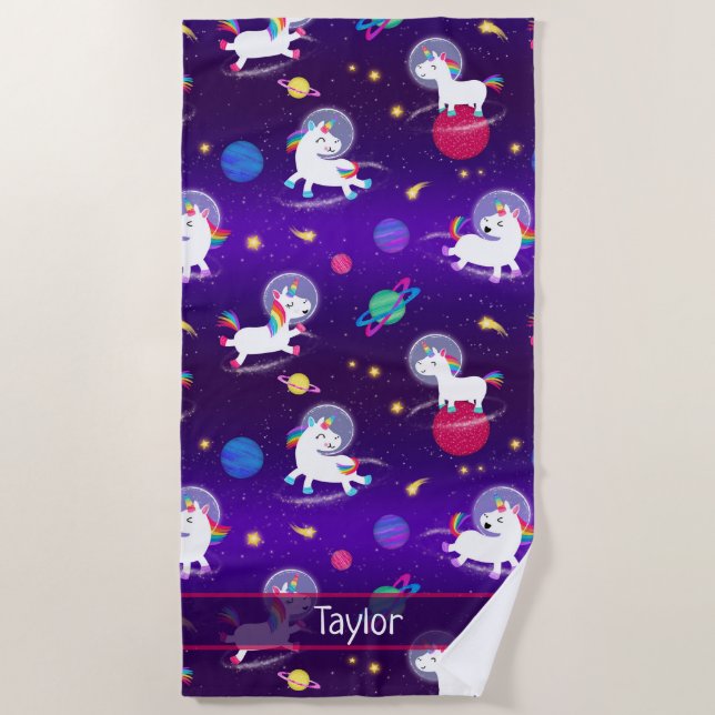 Toalha De Praia Rainbow Unicorns In Space Purple Ombre (Frente)