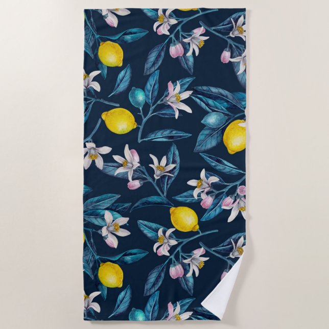 Toalha De Praia Ramos de limão com flores e fruta em azul (Frente)
