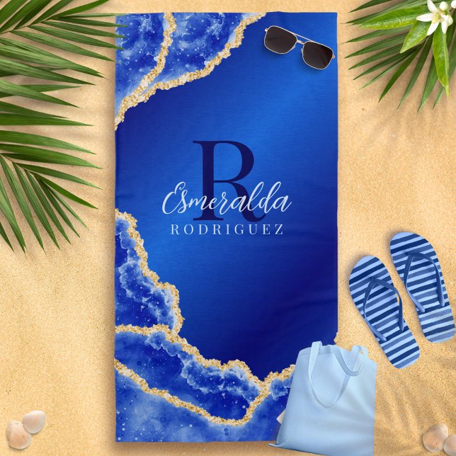 Toalha De Praia Real Azul e Dourado Agato Elegante Monograma (Criador carregado)