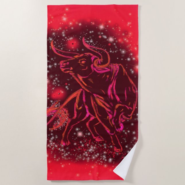 Toalha De Praia Red Beach Towel Bull Running At Starry Night (Frente)