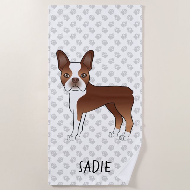Toalha De Praia Red Boston Terrier Cartoon Dog e Nome Personalizad (Frente)