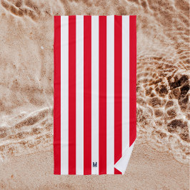 Toalha De Praia Red Cabana Stripe & Personalizado Monograma de Mar