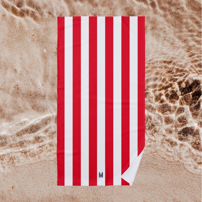 Toalha De Praia Red Cabana Stripe & Personalizado Monograma de Mar (Criador carregado)