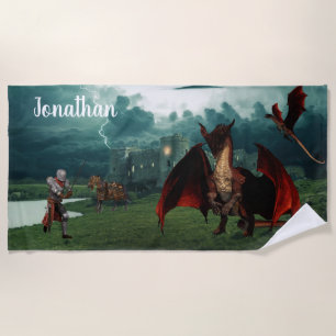 Toalha De Praia Red Dragon vs Knight Castle Fantasy Personalizado