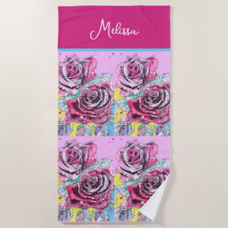 Toalha De Praia Red Rose Watercolor Flowers Pink Floral Painting