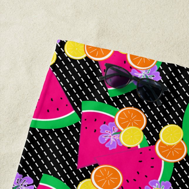 Toalha De Praia Red Watermelon Yellow Lemons Tropical Beach Towel (In Situ)