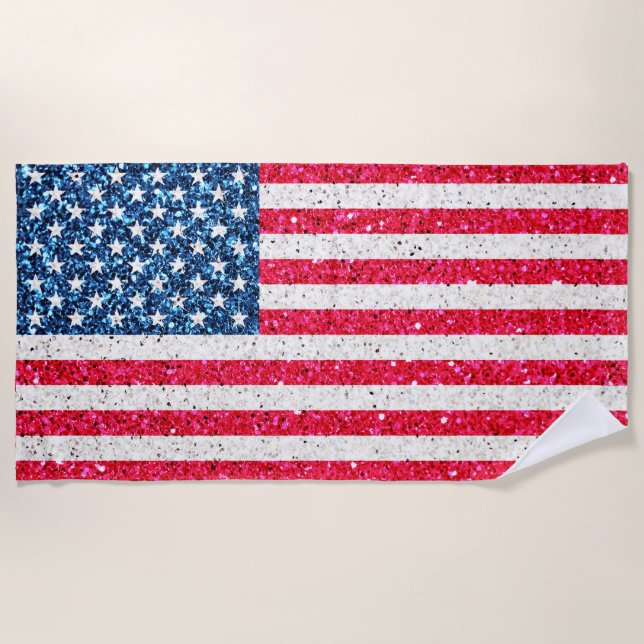 Toalha De Praia Red White Blue Glitter Patriotic American Flag (Frente)