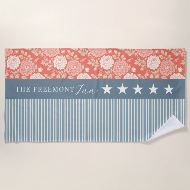 Toalha De Praia Red White Blue Stars Stripes Floral Block print  (Frente)