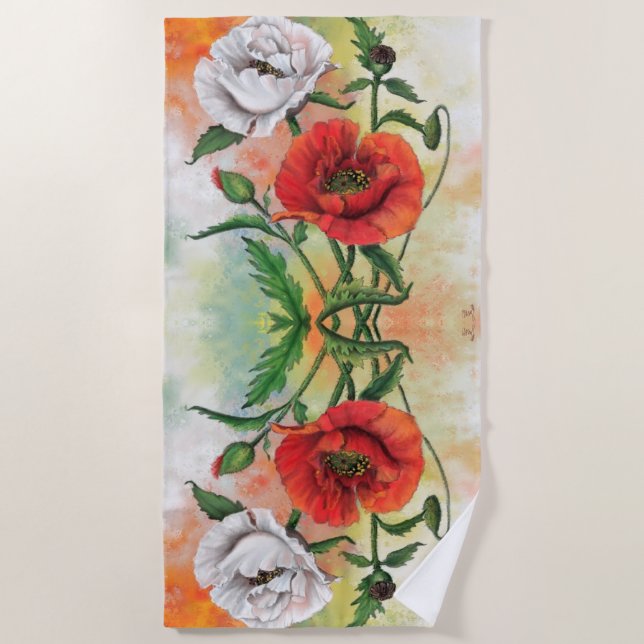 Toalha De Praia Red White Poppies Beach Towel (Frente)