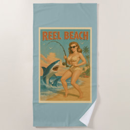 Toalha De Praia Reel Beach Shark Fishing Pin-Up Retro Blue Coastal