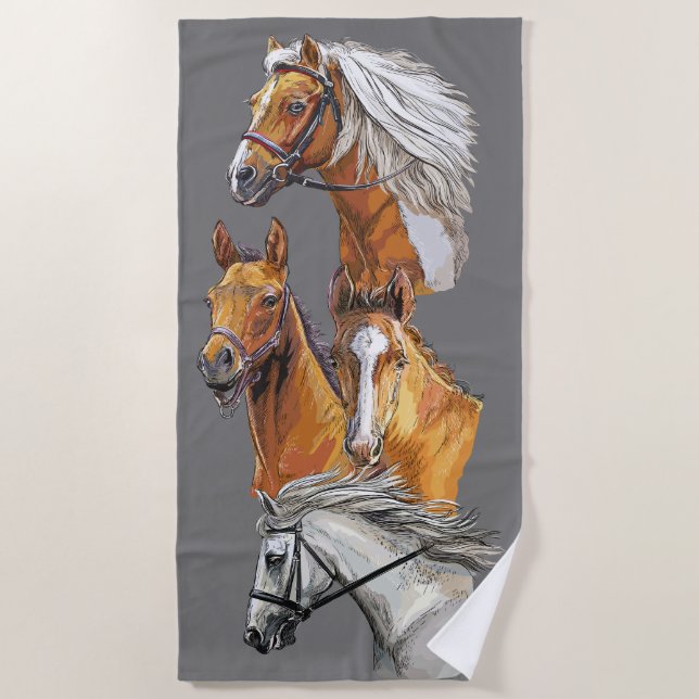 Toalha De Praia Retrato de desenho manual de cavalos (Frente)