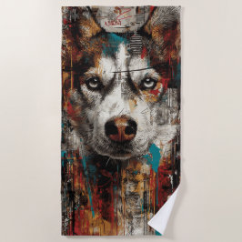 Toalha De Praia Retrato de Husky em Arte Urbana no Estilo Grafite