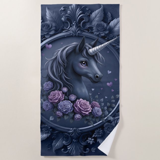 Toalha De Praia Retrato de Unicórnio Escuro em um Quadro Redondo (Frente)