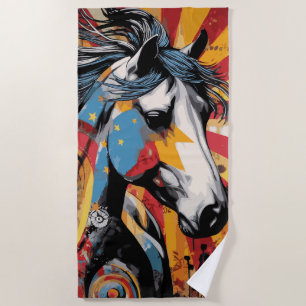 Toalha De Praia Retrato Pop Art de Cavalo Selvagem Colorido Estilo
