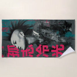 Toalha De Praia Retrato Punk com Kanji 孤志冷光 – Arte Urbana de Rua