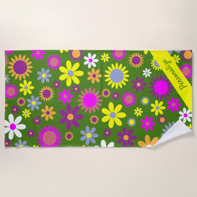 Toalha De Praia Retro 60s Flor Verde Amarelo Roxo Nome Floral (Frente)