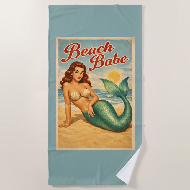 Toalha De Praia Retro Beach Babe Pin-Up Mermaid | Teal Mermaidcore (Frente)