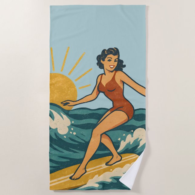 Toalha De Praia Retro California Pin-Up Surfer Blue Coastal Print (Frente)