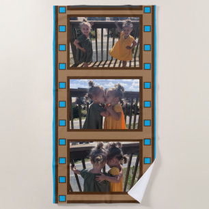 Toalha De Praia Retro Film Strip Adicionar até 3 fotos azuis