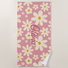 Toalha De Praia Retro groovy daisy boho desert rosa personalizado