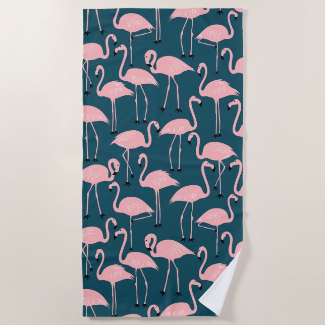 Toalha De Praia Retro Hand-Drawn Flamingo Pattern | Teal Pink (Frente)