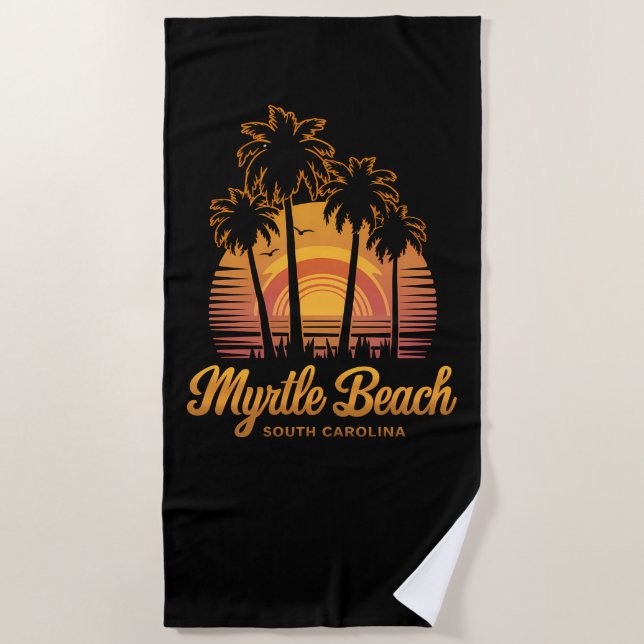 Toalha De Praia Retro Palm Tree Sunset South Carolina Myrtle Beach (Frente)