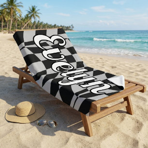 Toalha De Praia Retro Preto e Branco Xadrez Nome Personalizado